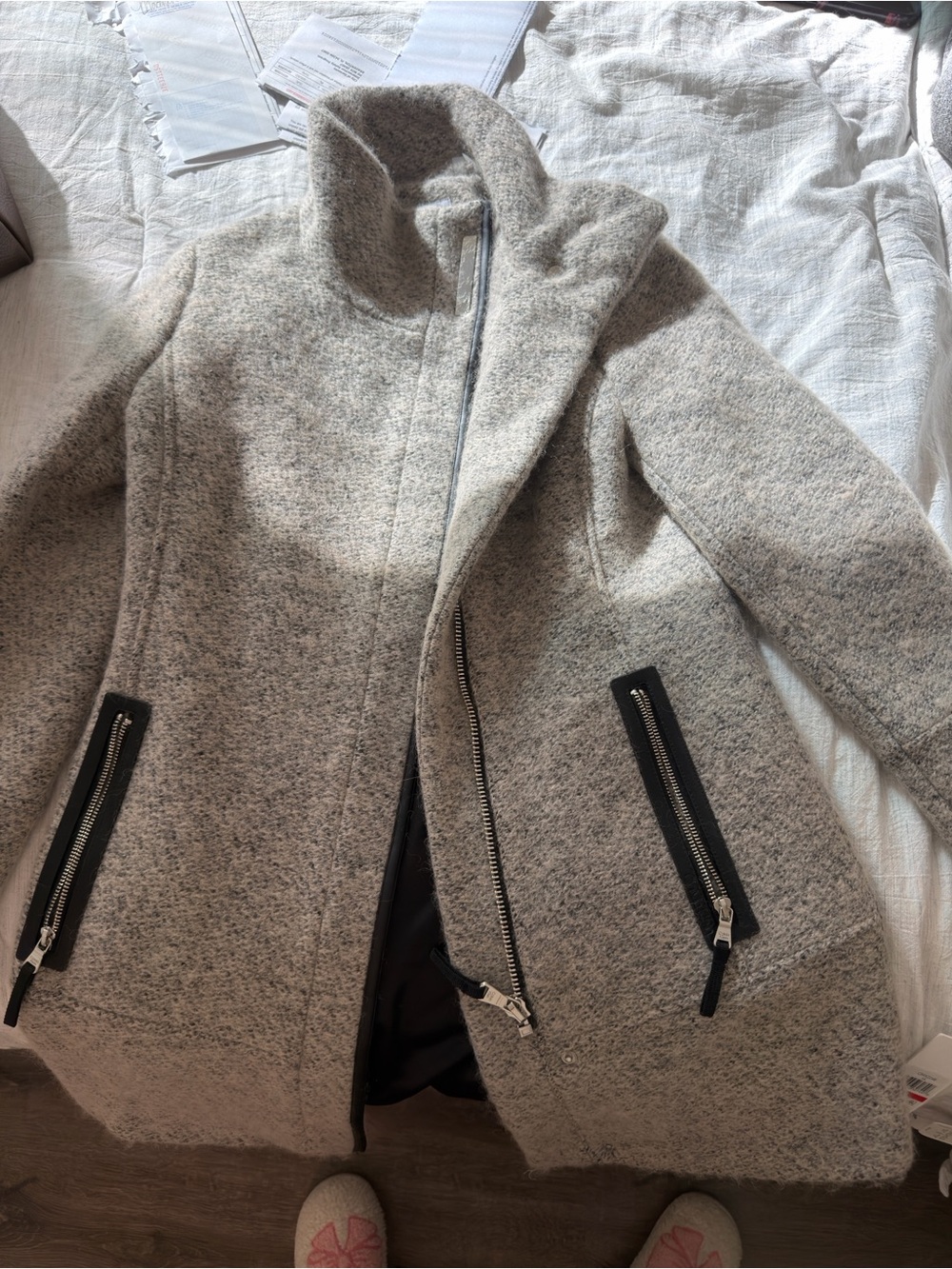 NWT Calvin Klein | Light Gray Wool-Blend Pea Coat with Asymmetric Zip